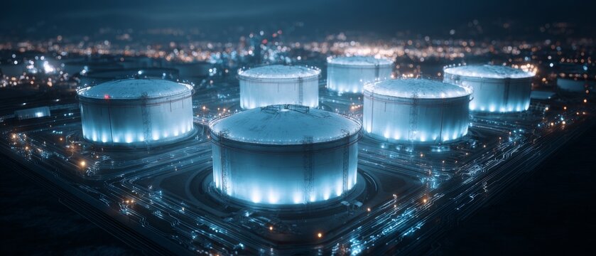 Vast horizons: discovering the world of modern lng storage. Ai integration. A journey through the immense realm of futuristic lng terminals. Artificial intelligence. Human technology.