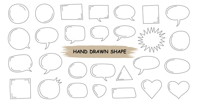 Hand Drawn Shape Set with Speech Bubbles, Frames, Hearts and Decorative Elements.Talk clouds sketch frames. Speech thought Balloon shapes. Sketch Style Decorative Shapes Set with Comic Bubbles. Vector