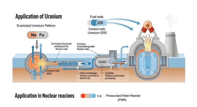 Educational diagram of uranium application in a pressurized‑water nuclear reactor, tracing enriched fuel rods, control rods, coolant loop, steam generator, turbine and condenser working together to pr