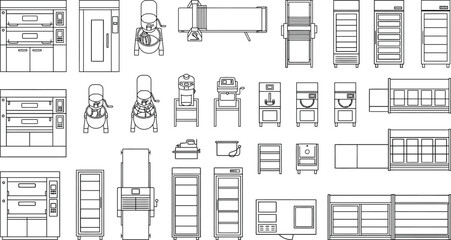 Top view warehouse and store shelving floor plan vector set. Thin line storage racks, aisles, pallets and shelving units with CAD layout icons for logistics, retail and warehouse design © PrimePixel Co