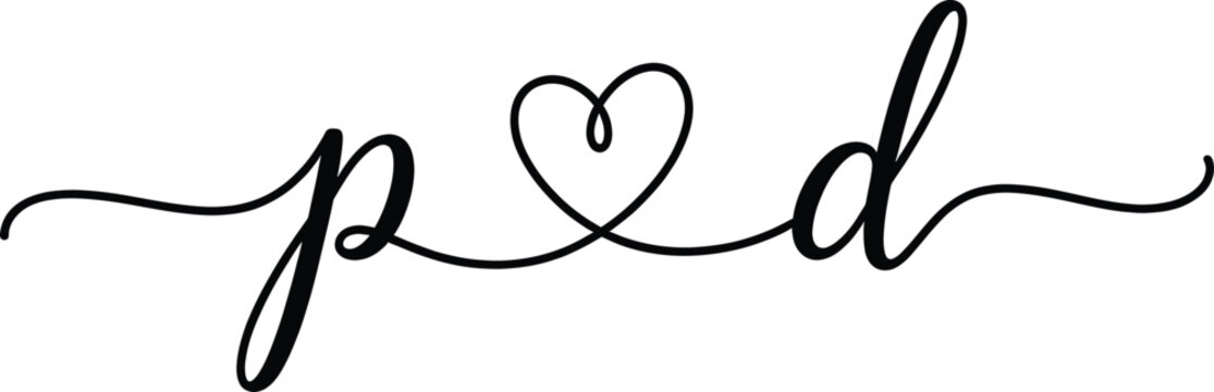 A stylized black script letter P is connected by a heart to a script letter D