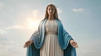 Fototapeta premium Majestic Pose of the Virgin Mary Under a Serene Sky with Gentle Light Emphasizing Her Peaceful Presence