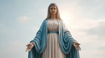 Fototapeta premium Majestic Statue of a Serene Virgin Mary Bathed in Soft Light Against a Beautiful Sky