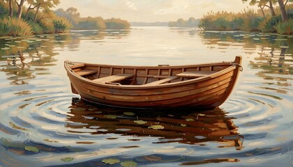 Obraz premium Luxury Wooden Boat Floating on Calm Water – Oil Painting Style Wallpaper