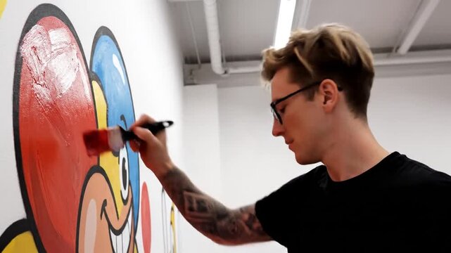 Tattooed male artist with glasses painting a colorful cartoon mural on a white wall in a modern studio using a paintbrush and red acrylic paint, focused creative expression.