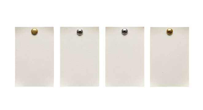 Four beige paper notes with gold and silver push pins on transparent background