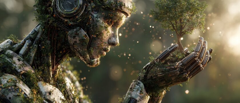 Tree of life: a hand supporting green vitality. Synthetic life. Warm glows of sunshine grace a hand holding boundless nature. Cybernetic identity. Machine persona.