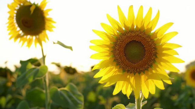 Smooth video glides over vast, sun-drenched sunflower field swaying, zooming to ecu on hero sunflower with intricate seed head, golden petals, soft flares. Concept of natural abundance and purity