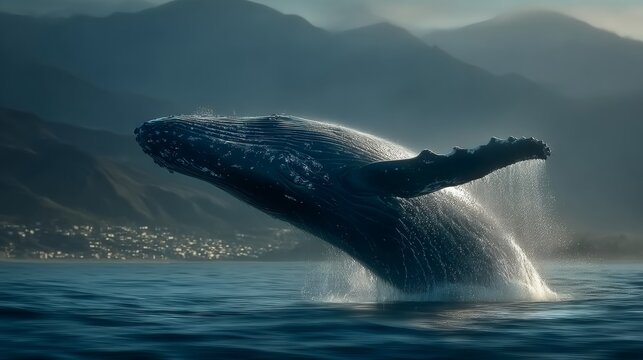 Nature's grace: a whale's leap against a scenic cliffside. Cinematic poster. Humpback harmony: a whale's leap in sunlit waters. Advertising photo. Poster illustration.
