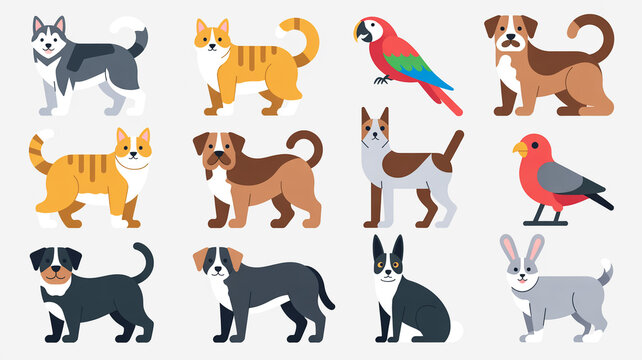 A flat, minimalist illustration of 12 different animals arranged in a 3x4 grid against a white background.