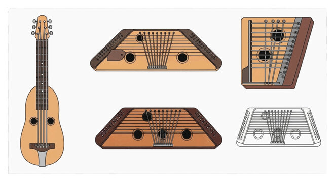 Vector illustration of set of various stringed musical instruments on a transparent background