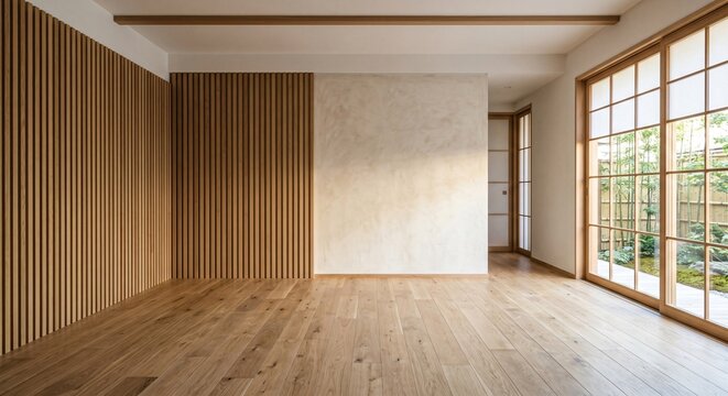 empty room with wooden floor, interior japandi design 
