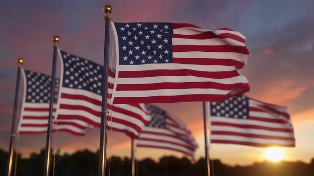 Five American flags waving at sunset sky, symbolizing unity, patriotism, freedom, and national pride in vibrant colors.