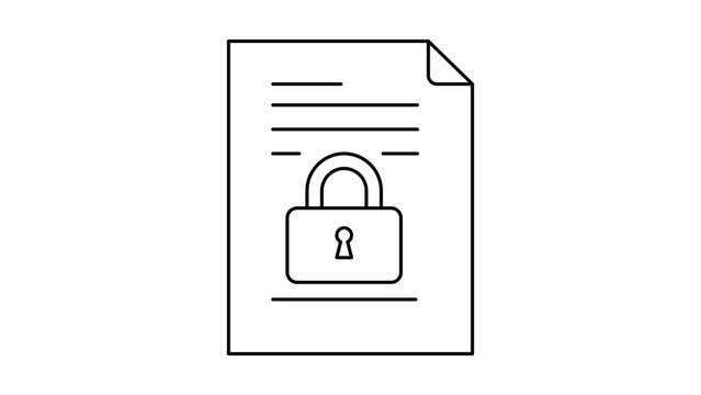 Minimalist black line vector icon of a document page with a padlock, representing a non-disclosure agreement, confidential file, secure data protection, or legal contract on white background.