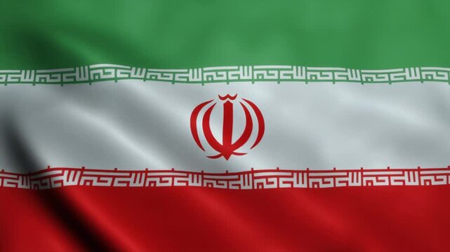 Iran national flag with green, white, red stripes, central red emblem, and Kufic script borders symbolizing identity and faith.