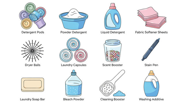 A set of 12 laundry and cleaning supplies arranged in a 3x4 grid with labels.