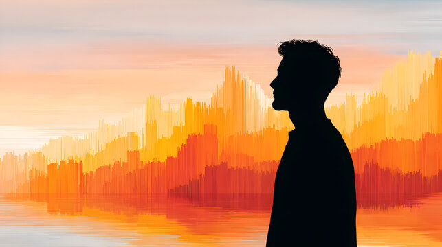 Abstract pixel sorting illustration of a man in silhouette contemplating a futuristic orange cityscape at sunset, with water reflections symbolizing future and solitude.
