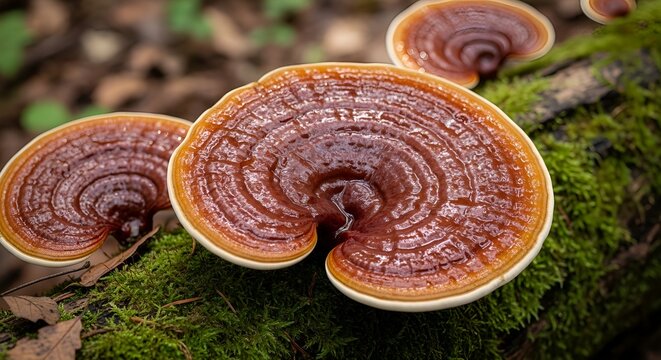 Close Up Ganoderma Lucidum Mushroom on Mossy Log in Forest
