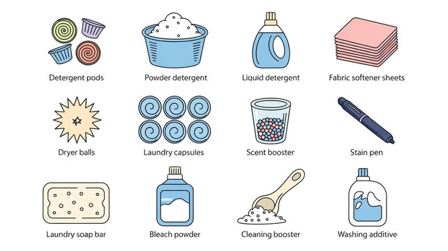 A set of 12 laundry and cleaning supplies arranged in a 3x4 grid with labels.
