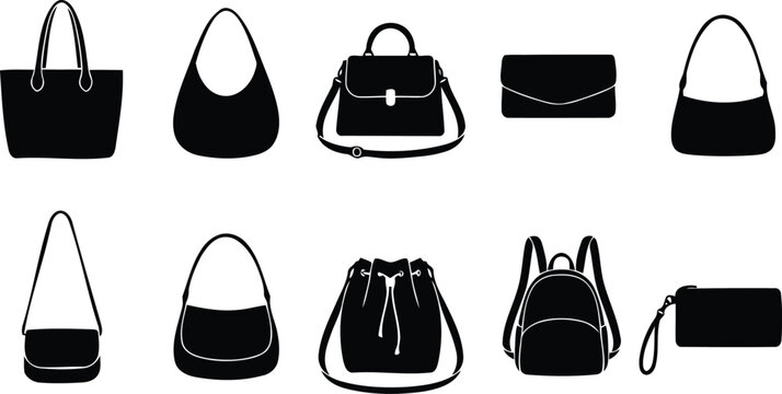 Collection of black handbag silhouettes vector illustration.
