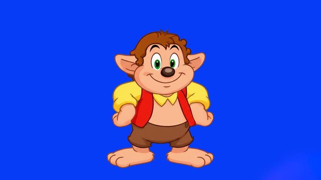 A 2D cartoon animation of a cheerful fantasy character resembling a gnome or hobbit with large ears, wearing a red vest and yellow shirt. Perfect for children's storytelling, fantasy games, or educati