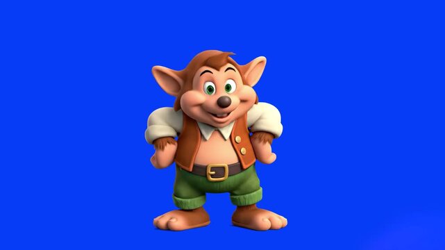 A cheerful 3D-rendered cartoon character with a friendly expression stands against a solid blue background. This character is designed for children&rsquo;s animation, educational media, mobile games, or mas