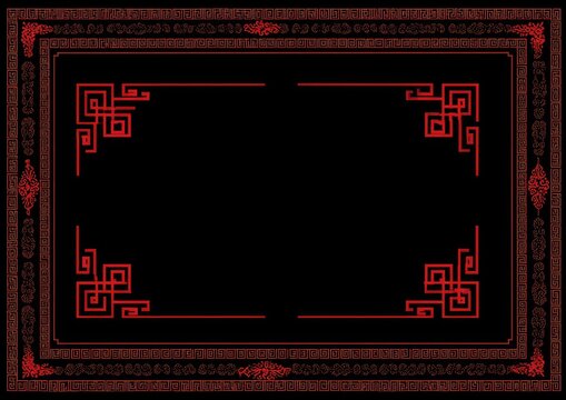 Intricate red border frames a black rectangle with decorative corners, flat, elegant