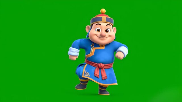 A friendly 3D cartoon character of a Mongolian nomad or warrior in traditional blue deeel clothing and hat, performing a joyful movement. This chroma key asset is perfect for educational children's co
