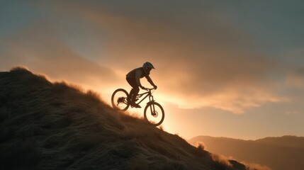 Fototapeta premium Mountain Biker Riding Down a Hill Against a Stunning Sunset Background with Vibrant Colors
