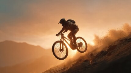 Obraz premium Mountain Biker Riding Fast Downhill at Sunset in Dramatic Landscape