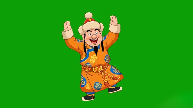 A cheerful 2D animated Asian man with a beard, wearing a traditional golden and blue ornate costume with a fur-trimmed hat, raising his hands in celebration. Ideal for cultural festivals, Lunar New Ye
