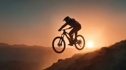 Fototapeta premium Dynamic Mountain Biker in Action Against Stunning Sunset Background