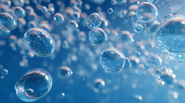 青い水中を漂うナノバブルの3D背景、洗浄力と保湿感を表現した先端美容・サイエンスビジュアル 3D background of nano bubbles floating in blue water, advanced beauty and science visual expressing cleansing power and hydration