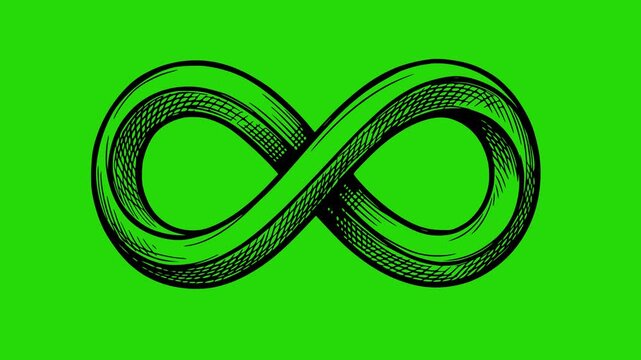 Hand drawn infinity symbol animation with black fill and hatching style on green screen chroma key background for easy compositing. Minimalist eternal loop icon representing eternity and continuity