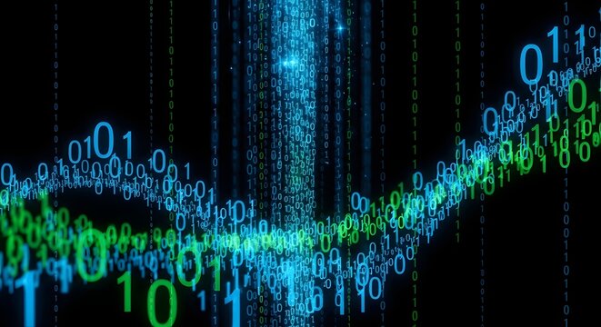 A vibrant digital illustration of binary code flows through a futuristic matrix-like environment with a mix of blue and green hues.