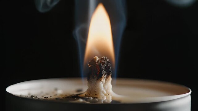 Burning Soy Candle Macro Closeup With Flame and Smoke
