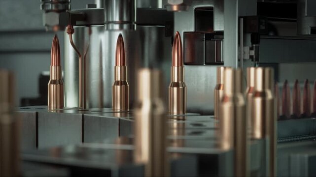 Automated Ammunition Assembly Line Seats Copper jacketed Rifle Rounds Into Brass Casings With Precision Machinery. Cartridge Production, Metalworking, Defense Industry Engineering. Military Army War
