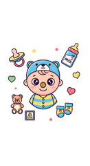 Obraz premium Cute cartoon baby wearing a bear hat surrounded by essential baby items like a pacifier, milk bottle, teddy bear, and shoes.