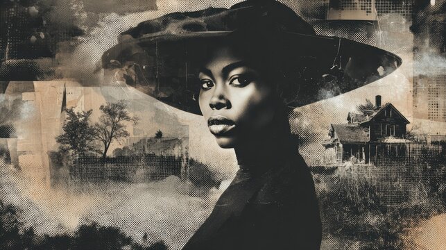 Woman portrait wearing hat with vintage rural house and tree collage