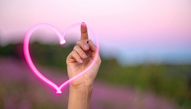 女性が指で空中にハートを描き、その軌跡がピンク色に光っている女性の手にクローズアップした写真