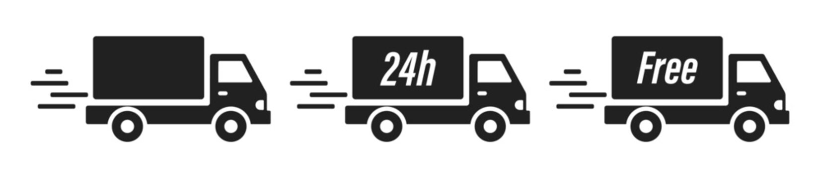 Fast Delivery Truck Icons Set With 24h And Free Shipping Service Symbols
