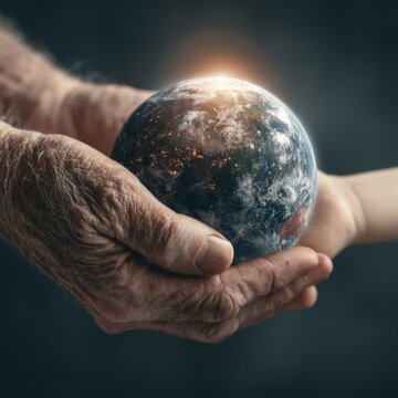 Our world in safe hands: generational unity. Information streams. Symbolic transfer of earth: wisdom and innocence united. Communication network. Digital networking.