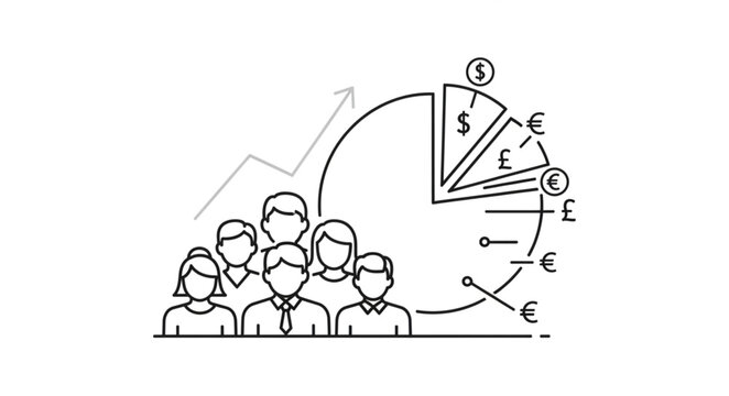 Business growth and financial analysis with people and pie chart.