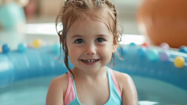 A joyful toddler splashing in a pool.