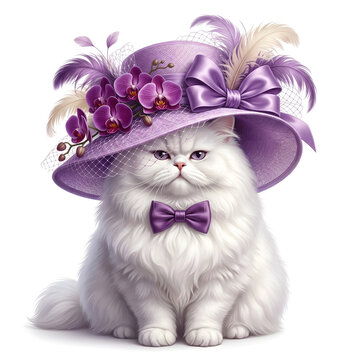 Majestic Plump White Persian Cat in Extravagant Purple sinamay Kentucky Derby Hat with Orchids Feathers and net veiling, haughty expression and purple bow tie on Ivory background