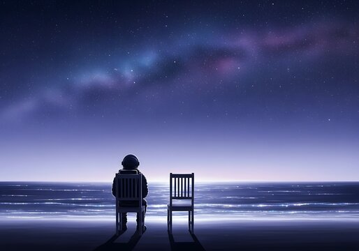 3D astronaut sitting alone by the ocean viewing a starry galaxy