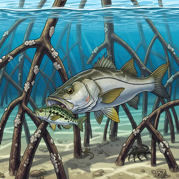 Snook attacking baitfish in mangrove habitat, illustration.
