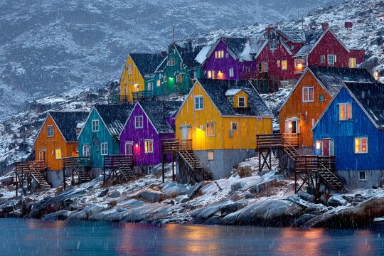 A spectrum of colors: inuit homes in frozen nuuk. Concept art. Brightly colored inuit homes stand out in the snowy fjord of nuuk city. Lifestyle shot. Commercial image.