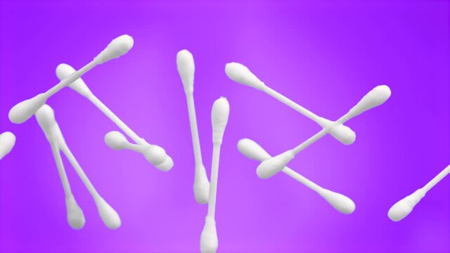 White cotton buds arranged artistically against a vibrant purple backdrop. Perfect for stylized beauty advertisements, health blog visuals, and modern motion graphics.