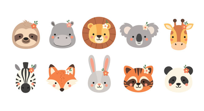 Collection of cute animal faces including sloth hippo lion koala giraffe zebra fox rabbit raccoon and panda